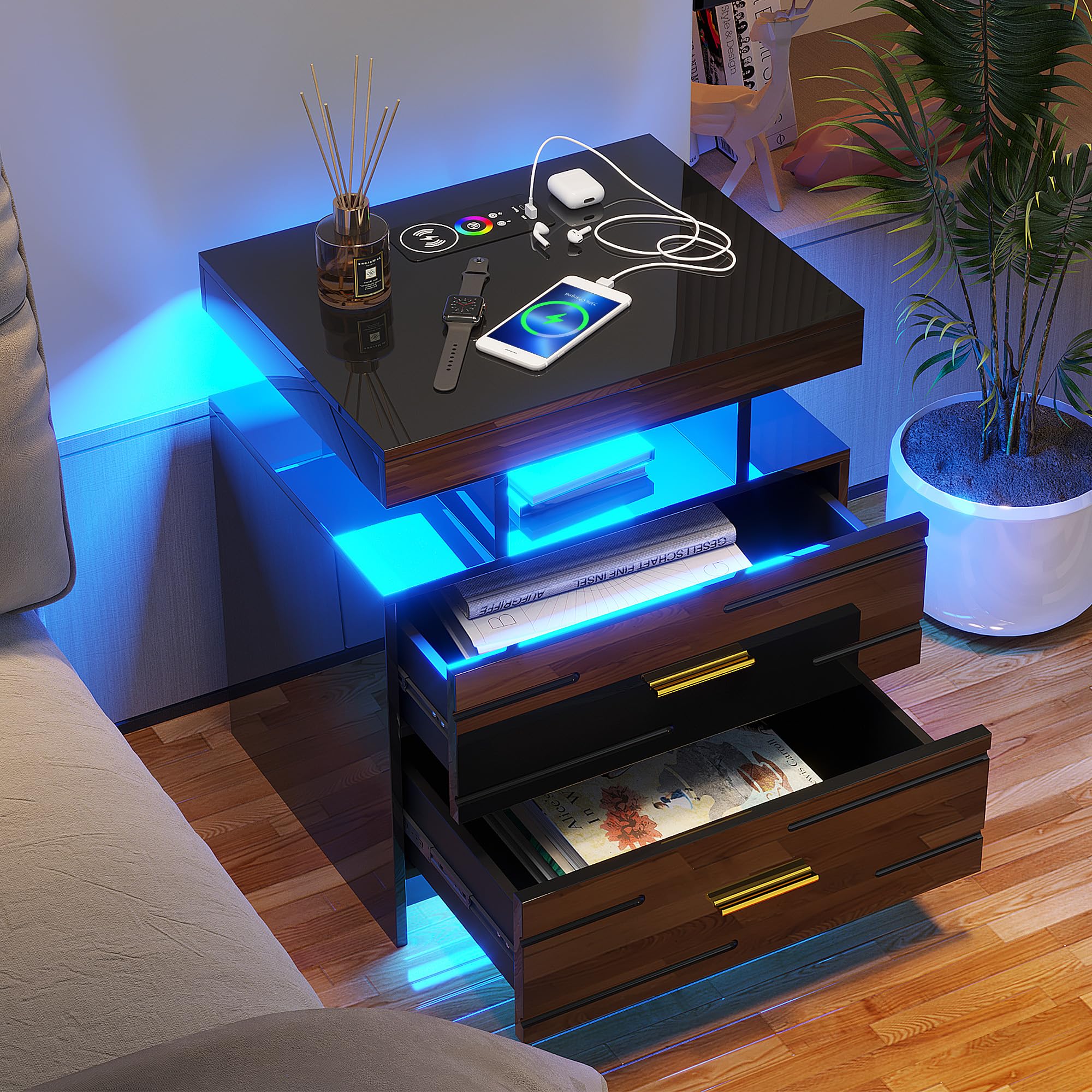 Lareth Smart Nightstand with LED Lights and Charging Station Wooden End Table with 2 Drawers High Glossy Bedside Cabinet Telephone Table for Bedroom Small Space, 20x16x23 inches, Black