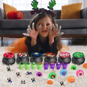 FUN LITTLE TOYS 24 Pack Prefilled Mini Plastic Witch Cauldron, Trick or Treat Toys in Bulk Small Halloween Buckets Pinata Prizes Gifts for Kids