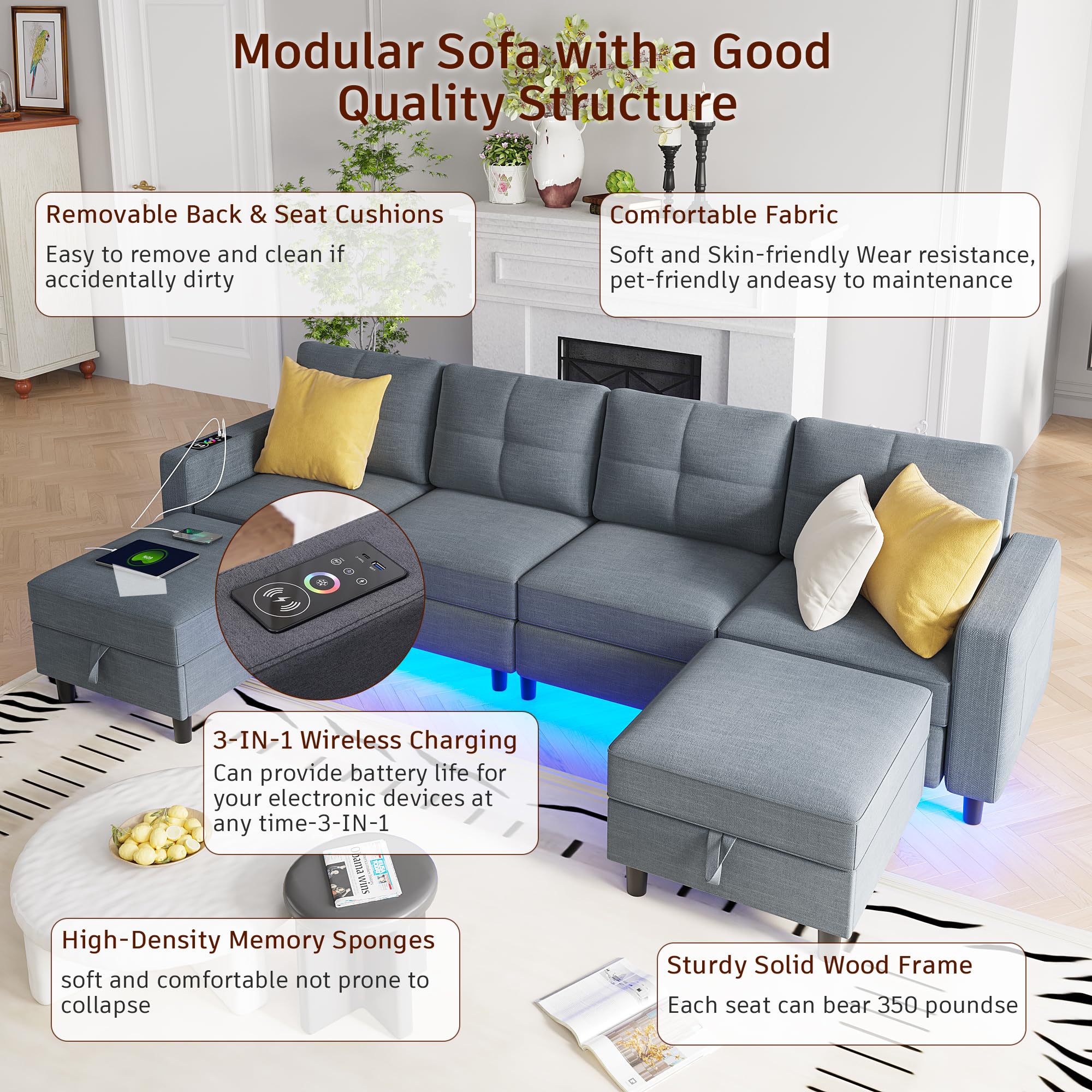 FOMNEY Sectional Couches for Living Room, LED Modular Sectional Sofa with Charging Station, 6 Seats U Shaped Couch with Storage, Ottomans, 6 Pieces Set Sectional Couch Grey Sofa Couch