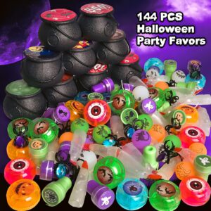 FUN LITTLE TOYS 24 Pack Prefilled Mini Plastic Witch Cauldron, Trick or Treat Toys in Bulk Small Halloween Buckets Pinata Prizes Gifts for Kids