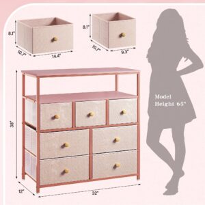 EnHomee Pink Dresser for Bedroom Dresser with 7 Drawers & 2 Shelves,Fabric Dressers & Chests of Drawers for Room, Closet,Lightweight