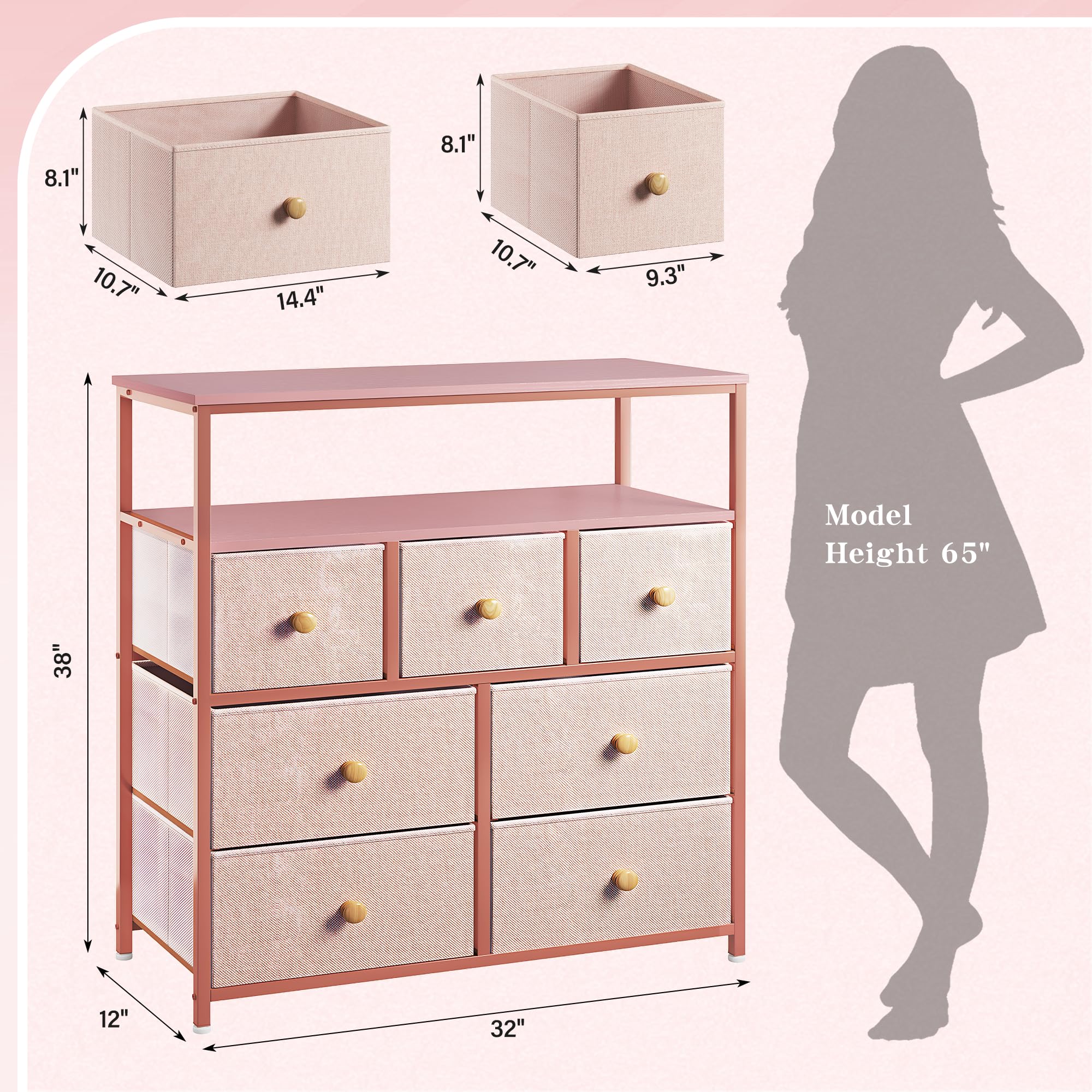 EnHomee Pink Dresser for Bedroom Dresser with 7 Drawers & 2 Shelves,Fabric Dressers & Chests of Drawers for Room, Closet,Lightweight