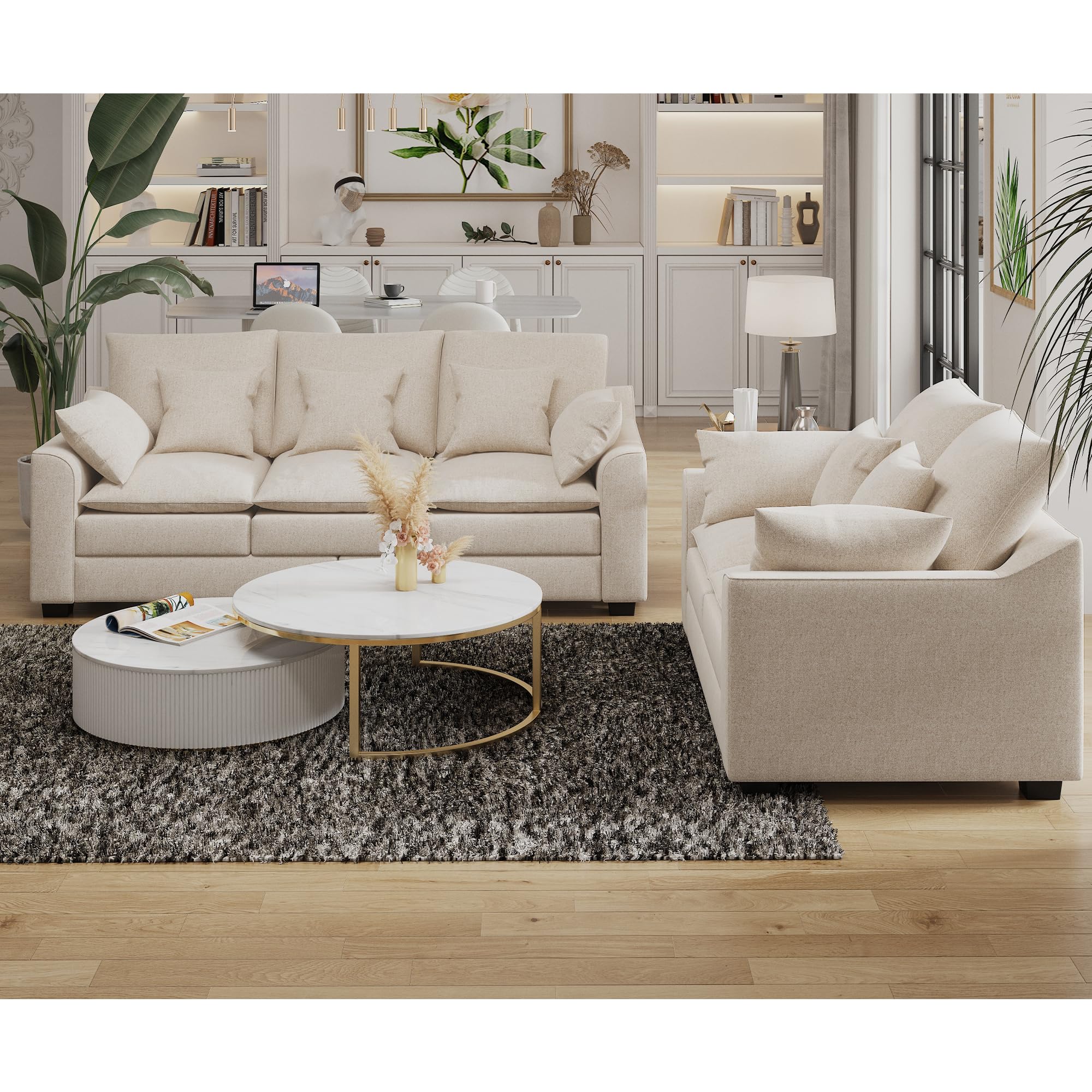 Dolonm Living Room Sectional Sofa Set, Modern Loveseat and Sofa with Double Layers Uphlostered Cushion and Sturdy Wooden Legs, Comfy 2 Pieces Home Sofa Set Living Room Beige Fluffy Couch