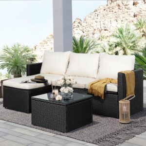 SUNLEI Patio Furniture Set with Detachable Soft Cushions, All Weather Outdoor PE Rattan Patio Conversation Sofa Set, 3-Piece Patio Sectional Sofa with Glass Coffee Table & Ottoman, Black Rattan/White