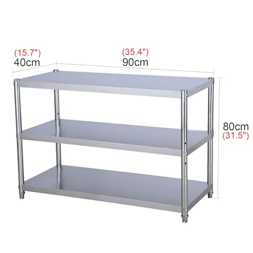 Stainless Steel Preparation Table Three-Tier Kitchen Workbench Metal Table Back Reinforced Beams High Load-Bearing Open Storage Shelves Large Storage(90x40x80cm)