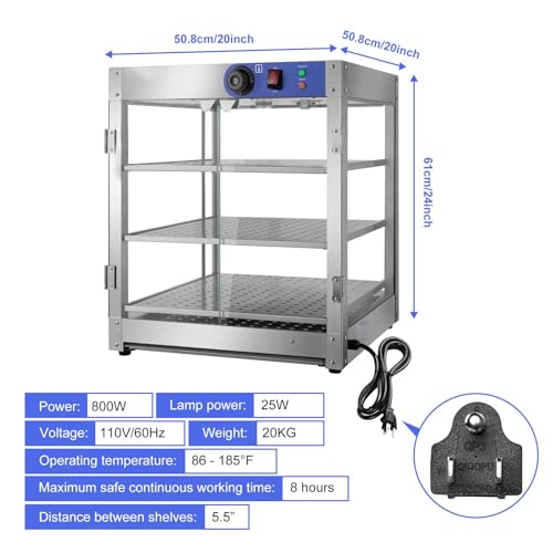 Commercial Countertop Food Warmer | 800 W Stainless Steel Countertop Heated Cabinet | 3-Tier Glass Food Warming Display Machine | 86-185°F Temp Control Food Heater for Buffet Restaurant