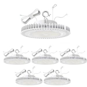 200w led ufo high bay light, white, 5000k, 100-277vac, commercial bay lighting, 0-10v dimmable, industrial high bay, led ufo light for warehouse, shop, garage ul/cul and dlc listed (6-pack)