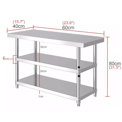 Stainless Steel Work Table Kitchen Stovetop Casework Organizer Storage Rack Commercial Prep Table Large Storage Three Tier Metal Table with Solid Construction(60x40x80cm)