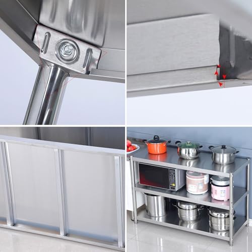 Stainless Steel Preparation Table Three-Tier Kitchen Workbench Metal Table Back Reinforced Beams High Load-Bearing Open Storage Shelves Large Storage(90x40x80cm)