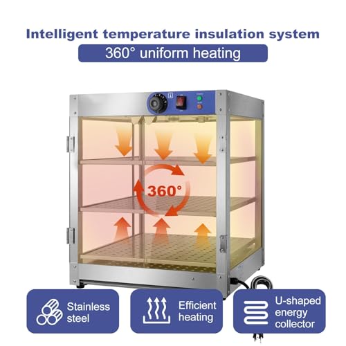 Commercial Countertop Food Warmer | 800 W Stainless Steel Countertop Heated Cabinet | 3-Tier Glass Food Warming Display Machine | 86-185°F Temp Control Food Heater for Buffet Restaurant