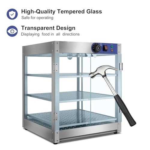 Commercial Countertop Food Warmer | 800 W Stainless Steel Countertop Heated Cabinet | 3-Tier Glass Food Warming Display Machine | 86-185°F Temp Control Food Heater for Buffet Restaurant