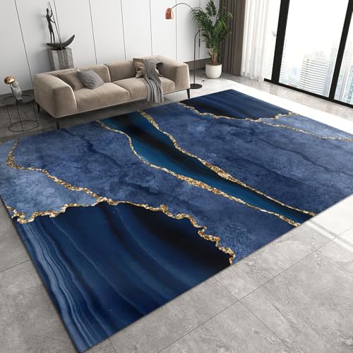 KIRESEI Area Rugs 4x5ft, European Style Luxury Kids Play Rug, Ink Blue Gold Marble Art Throw Rugs Bedroom Soft for Coffee Shop Living Room Under Table Game Room