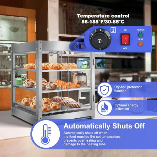 Commercial Countertop Food Warmer | 800 W Stainless Steel Countertop Heated Cabinet | 3-Tier Glass Food Warming Display Machine | 86-185°F Temp Control Food Heater for Buffet Restaurant