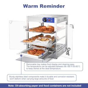 Commercial Countertop Food Warmer | 800 W Stainless Steel Countertop Heated Cabinet | 3-Tier Glass Food Warming Display Machine | 86-185°F Temp Control Food Heater for Buffet Restaurant