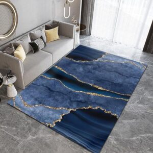 KIRESEI Area Rugs 4x5ft, European Style Luxury Kids Play Rug, Ink Blue Gold Marble Art Throw Rugs Bedroom Soft for Coffee Shop Living Room Under Table Game Room