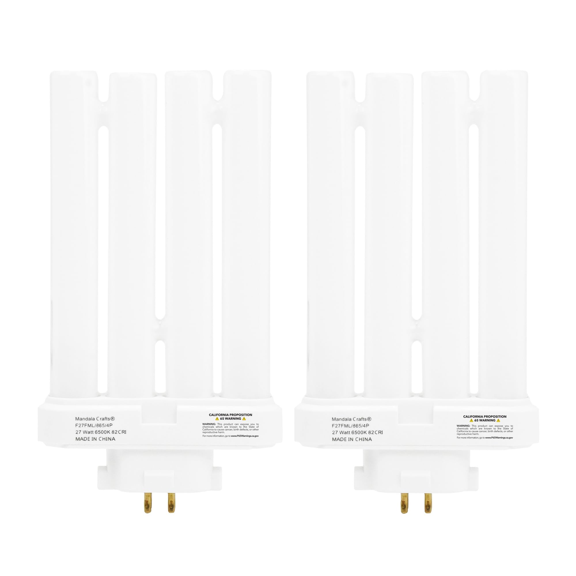 Mandala Crafts FML27 27-Watt 6500K Compact Fluorescent Light Bulbs with Quad Tubes, 4-Pin GX10q-4 Base FML 27, 2 Pack FML Lamp 27 Watt Bulbs