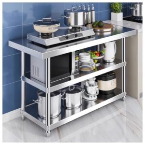 stainless steel work table kitchen stovetop casework organizer storage rack commercial prep table large storage three tier metal table with solid construction(60x40x80cm)