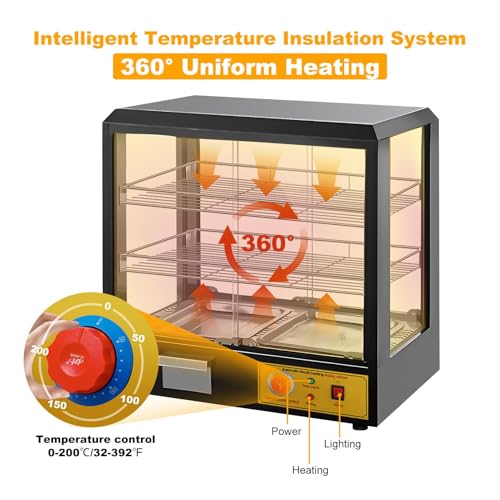 Food Warmer Display, 3-Tier Electric Food Warmer Commercial Countertop with Lighting and Glass Door, 500w Commercial Electric Warmer Display for Restaurant Small Heated Warming Box