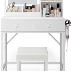 Gizoon Vanity Desk with Mirror and Lights Makeup Vanity Desk with Lights and Chair Small Vanity Table with Drawers for Girls Kids and Women in Bedroom Bathroom and Closet Room, White