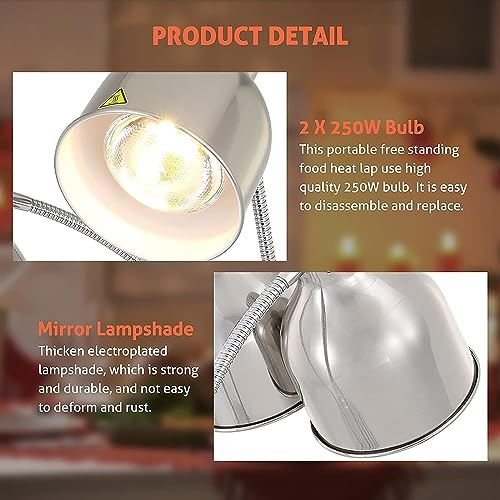 LINKANRUO Food Warming Lamp Commercial Food Warmer Lights - Adjustable Height, 2x250W Weighted Base. Preserve Heat, Keep Buffet Dishes Warm Lamps(Yellow)