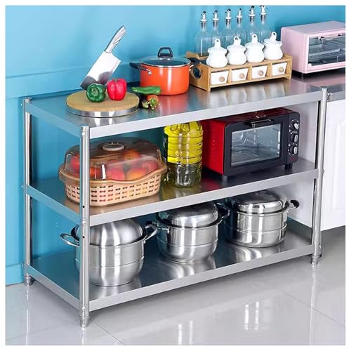 Stainless Steel Preparation Table Three-Tier Kitchen Workbench Metal Table Back Reinforced Beams High Load-Bearing Open Storage Shelves Large Storage(90x40x80cm)