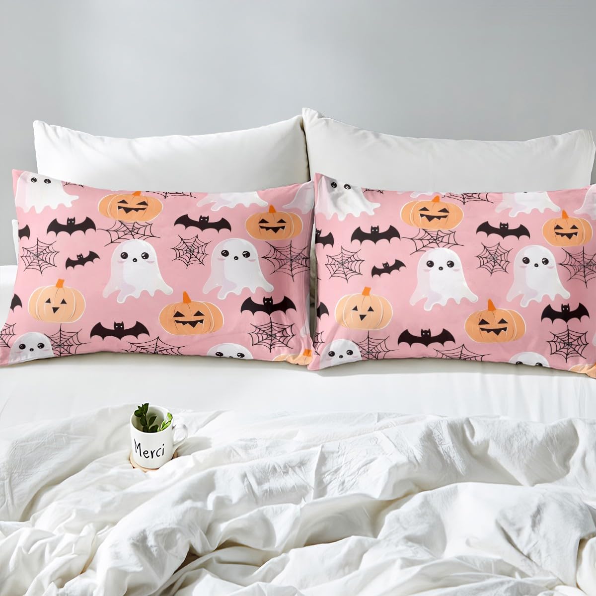 Erosebridal Pink Halloween Duvet Cover King, Pumpkin Lantern Bedding Set for Kids Girls, Cartoon Ghost Bat Comforter Cover Gothic Spooky Spider Web Bed Set Halloween Decoration with 2 Pilow Cases