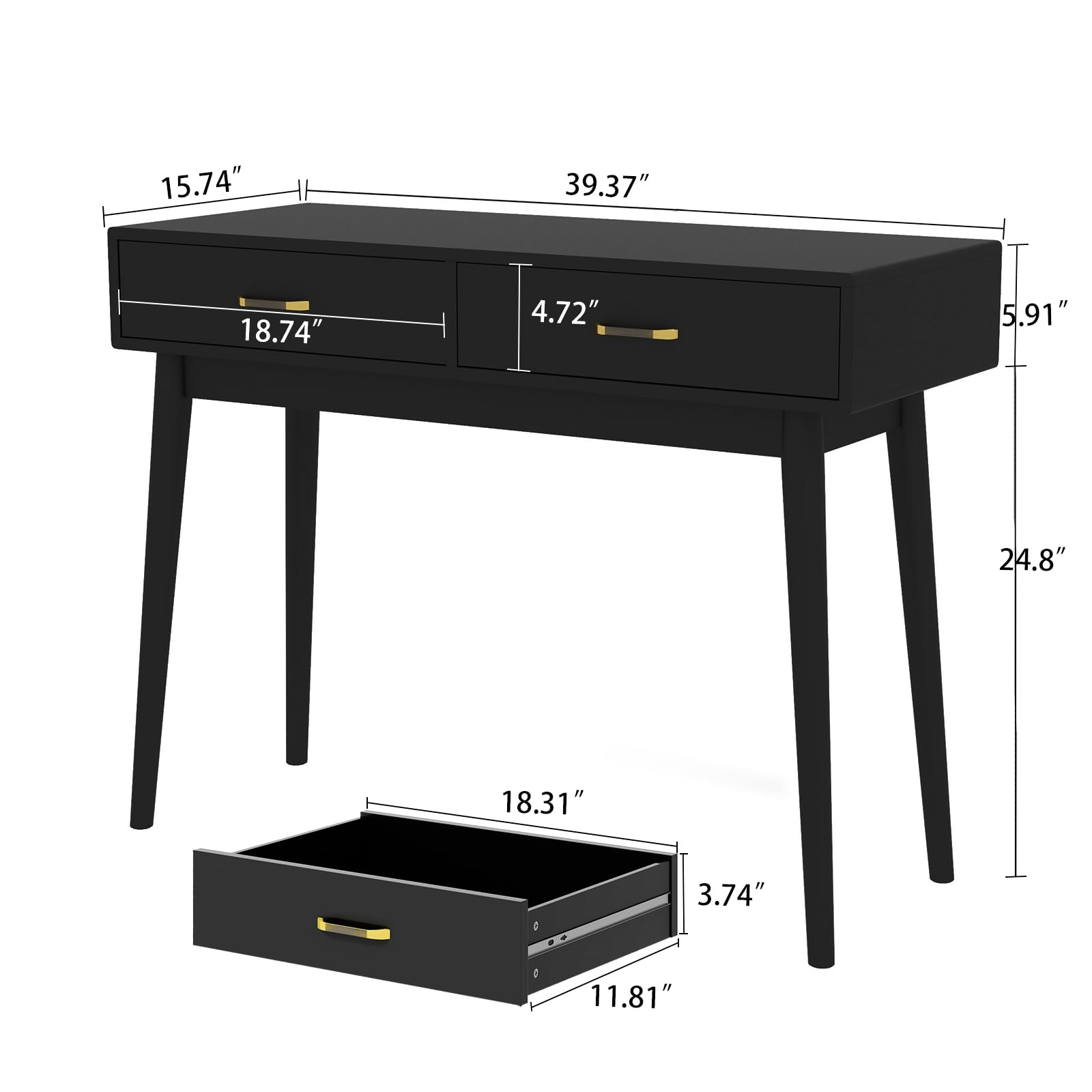 FUNKOCO Black Small Writing Desk with Drawers, 40 Inch Writing Desk for Home Office, Vanity Desk with Solid Wood Leg for Small Spaces