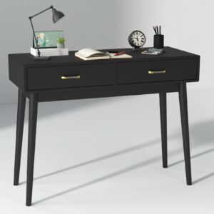 FUNKOCO Black Small Writing Desk with Drawers, 40 Inch Writing Desk for Home Office, Vanity Desk with Solid Wood Leg for Small Spaces