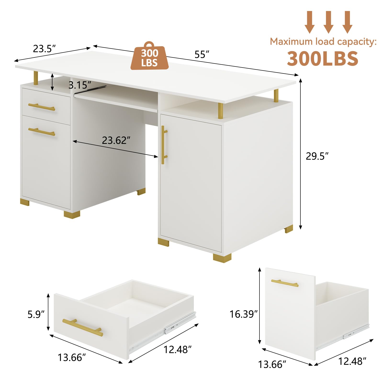 4 EVER WINNER White Desk with Storage, 55 Inch White and Gold Desk with Keyboard Tray, Wood Writing Study Table Home Office Desk with File Drawer, Storage Cabinet, Golden Handles, White