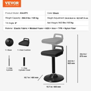 VEVOR Active Chair with Handle, Height-Adjustable (24.6-34.4") Wobble Chair Made of Elastic Fabric & 45 mm Foam, Ideal for Schools, Office and Home, 8° Tilt Angle, Age 12-18, Black