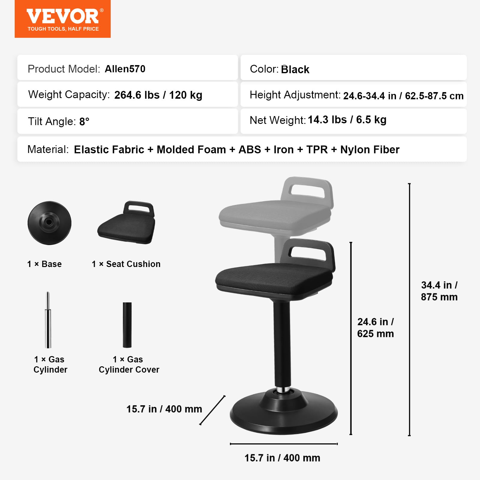 VEVOR Active Chair with Handle, Height-Adjustable (24.6-34.4") Wobble Chair Made of Elastic Fabric & 45 mm Foam, Ideal for Schools, Office and Home, 8° Tilt Angle, Age 12-18, Black