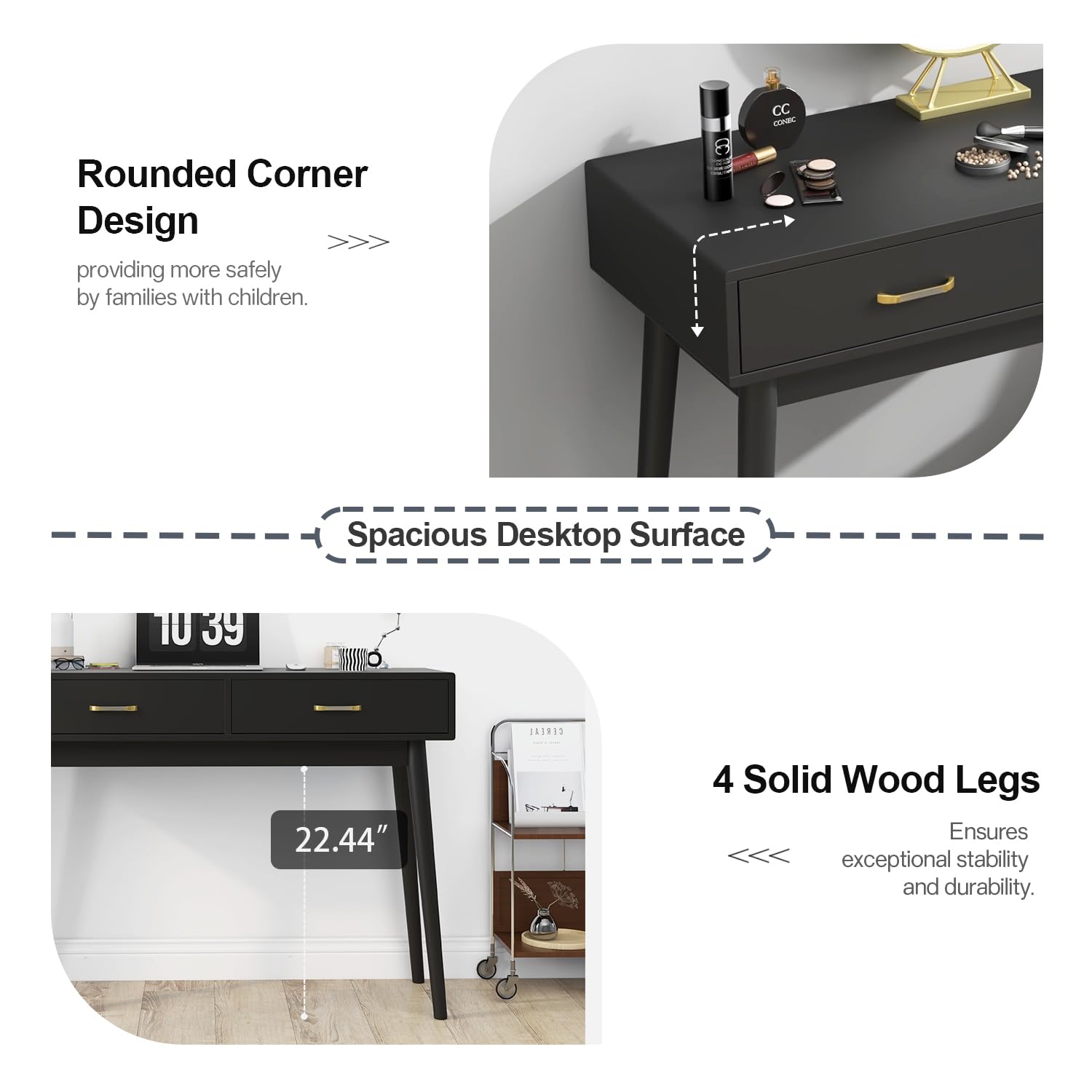 FUNKOCO Black Small Writing Desk with Drawers, 40 Inch Writing Desk for Home Office, Vanity Desk with Solid Wood Leg for Small Spaces