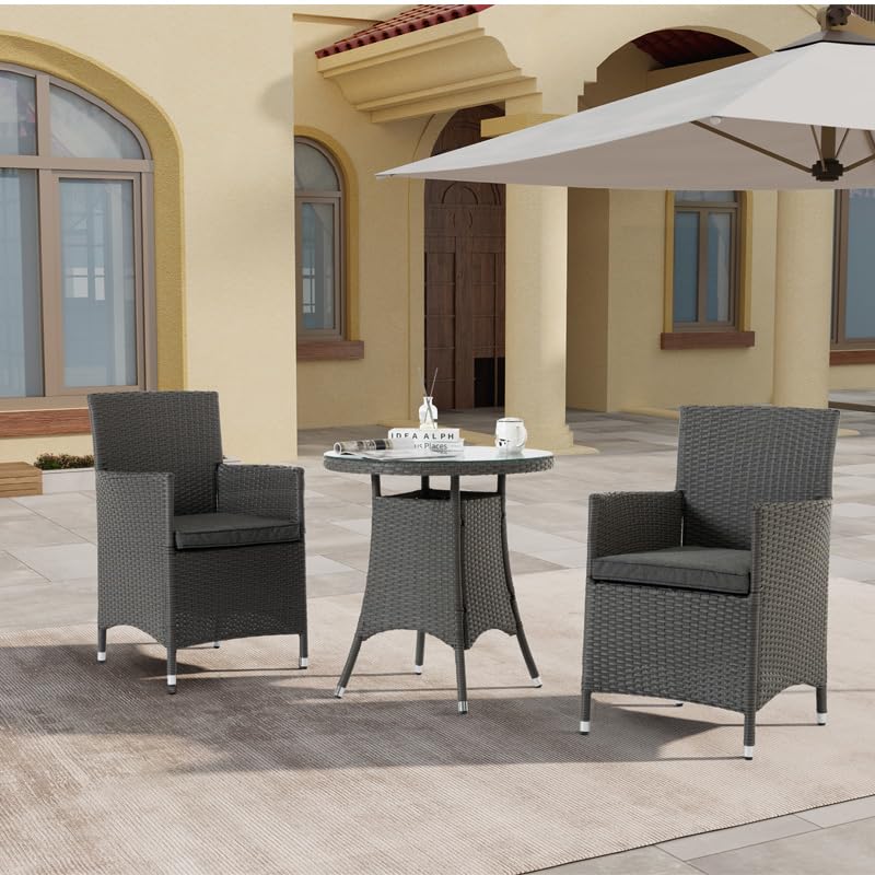 SIUYUWK 3 Piece Outdoor Dining Set, Wicker Patio Dining Table and Chairs with Cushions, Round Tempered Glass Tabletop, Outdoor Patio Furniture for Patio Backyard Porch Garden Poolside