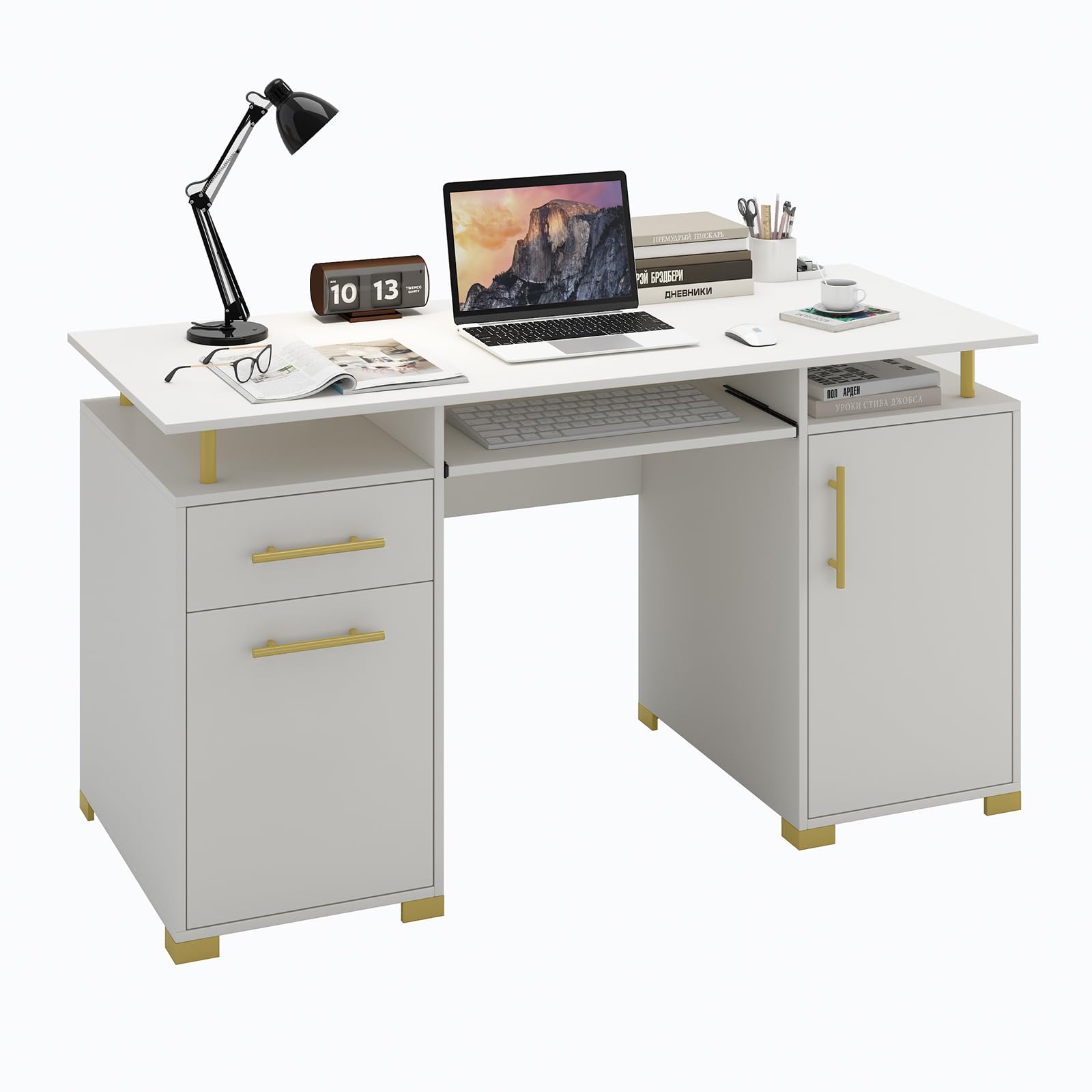 4 EVER WINNER White Desk with Storage, 55 Inch White and Gold Desk with Keyboard Tray, Wood Writing Study Table Home Office Desk with File Drawer, Storage Cabinet, Golden Handles, White