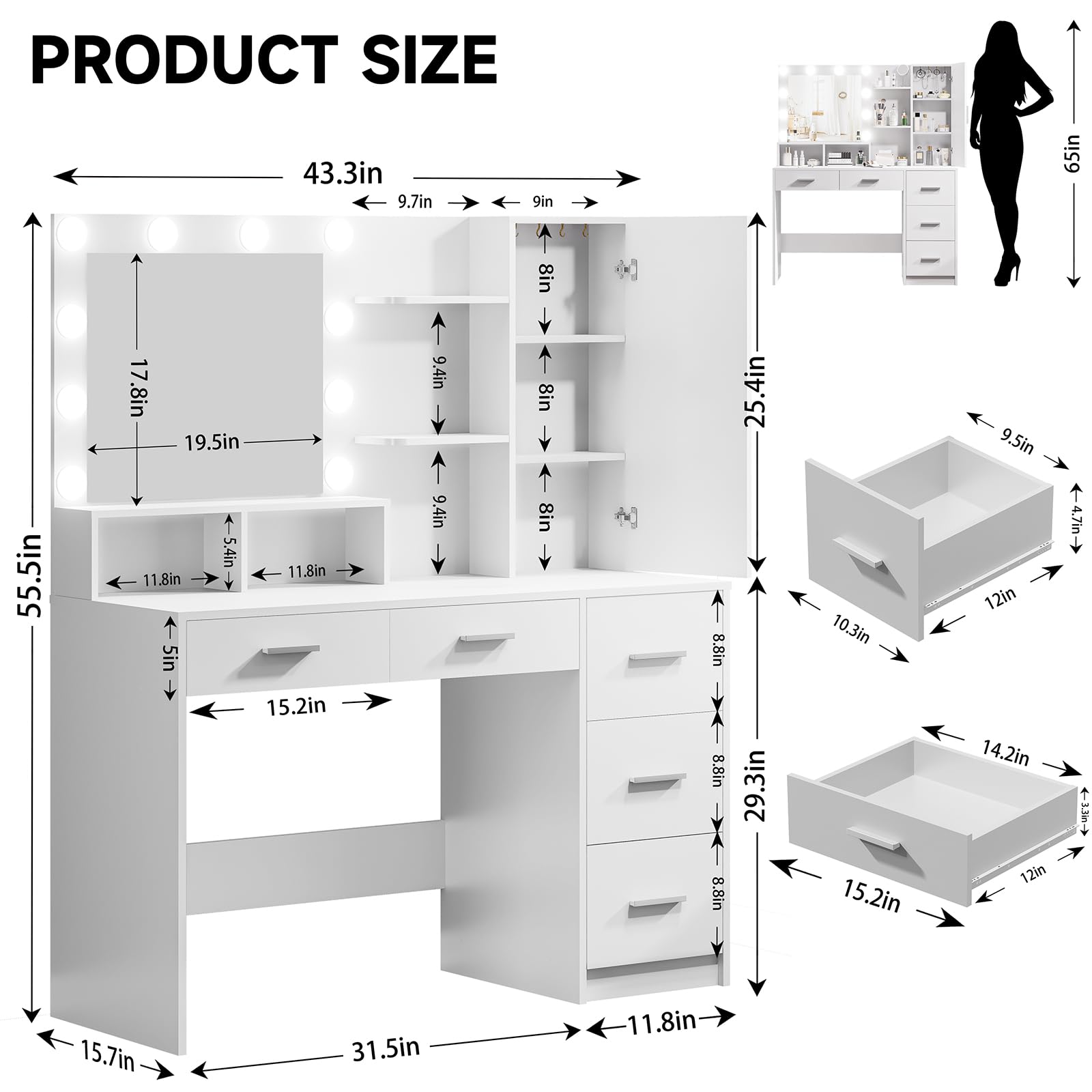 DINGIPP Makeup Vanity Desk with Mirror & Lights, Large Vanity Table with 5 Drawers, 1 Cabinet and 4 Hooks, Vanity Desk with Power Outlet & Adjustable Shelves, Dressing Table for Women, Girls (White)