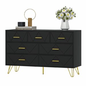 RESOM 7 Drawers Dresser for Bedroom, Black Dresser with Golden Legs & Handles, Wooden Chest of Drawer, Modern Dresser for Living Room, Hallway