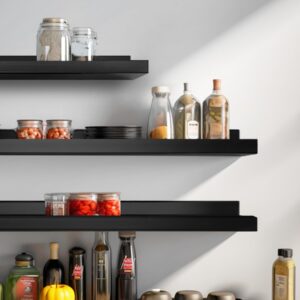 CLKFDCH 4 Sets Black Floating Shelves for Wall 24 Inches Long Wood Wall Shelves with Lip Picture Ledge Shelf for for Wall Decor Storage Bedroom Living Room Bathroom Kitchen (Black)