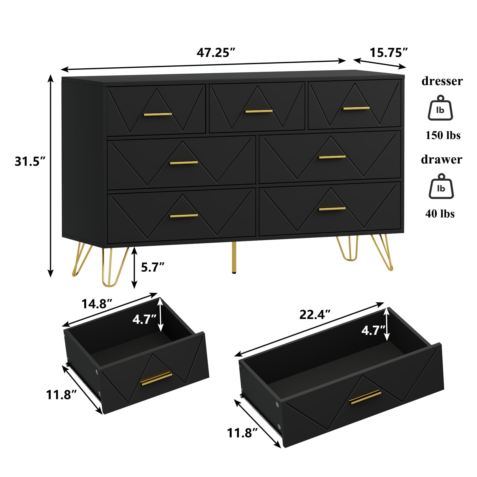 RESOM 7 Drawers Dresser for Bedroom, Black Dresser with Golden Legs & Handles, Wooden Chest of Drawer, Modern Dresser for Living Room, Hallway