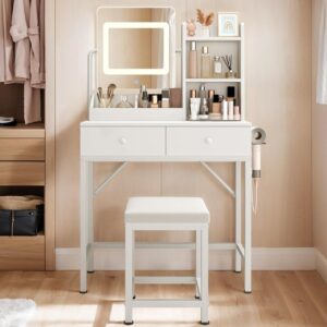 Gizoon Vanity Desk with Mirror and Lights Makeup Vanity Desk with Lights and Chair Small Vanity Table with Drawers for Girls Kids and Women in Bedroom Bathroom and Closet Room, White