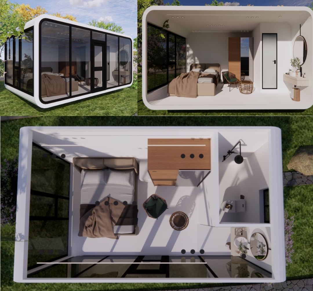 ZECTIQ Luxury Apple Cabin 20FT Prefab House, Bedroom and Bathroom with Shower, Fully Equiped, Premium Glass Windows and Door