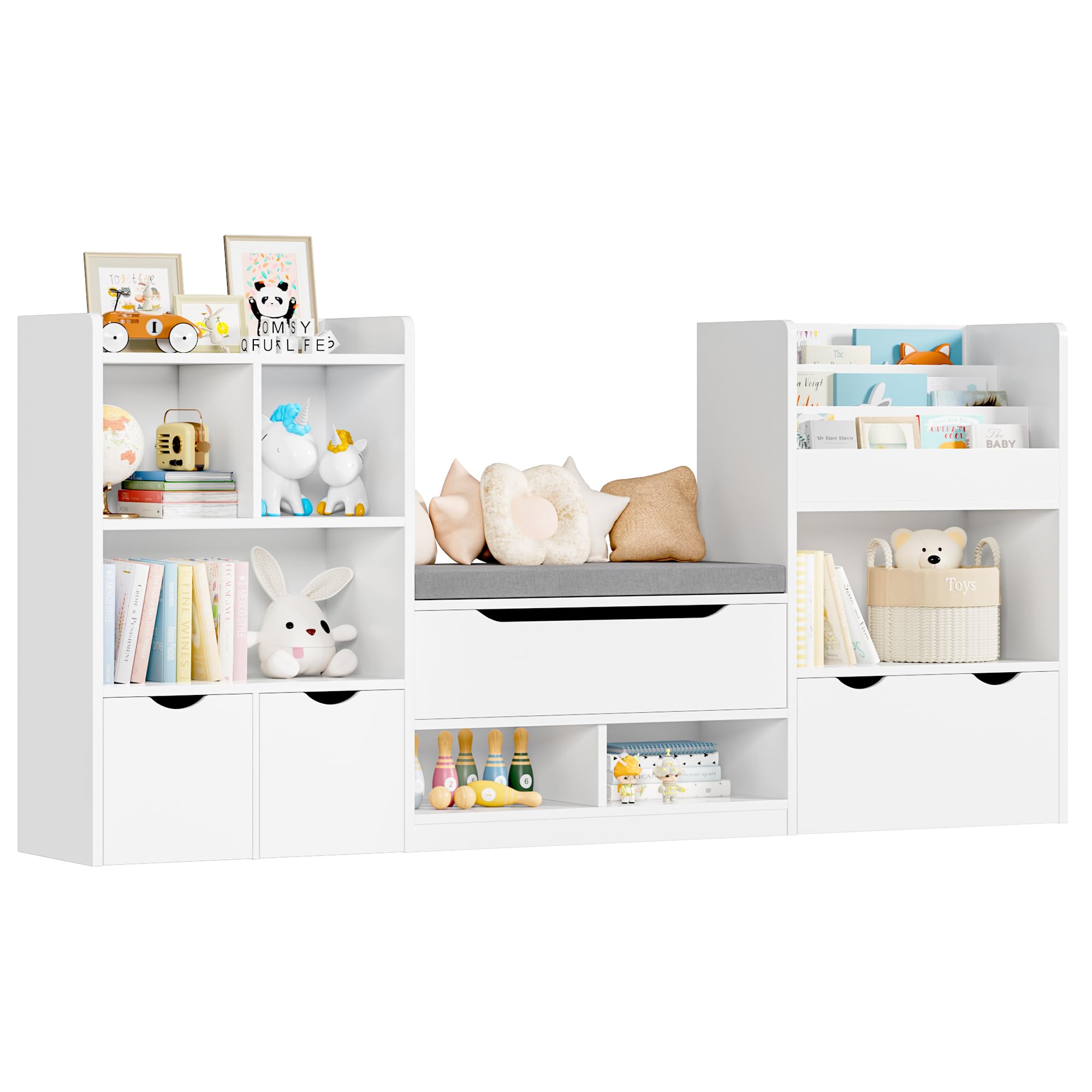 FOTOSOK 72” Kids Bookshelf with Reading Nook, Super Large Toy Storage Organizer with Seat Cushion and 3 Movable Drawers, Kids Reading Nook Toy Organizers and Storage with Bench for Living Room