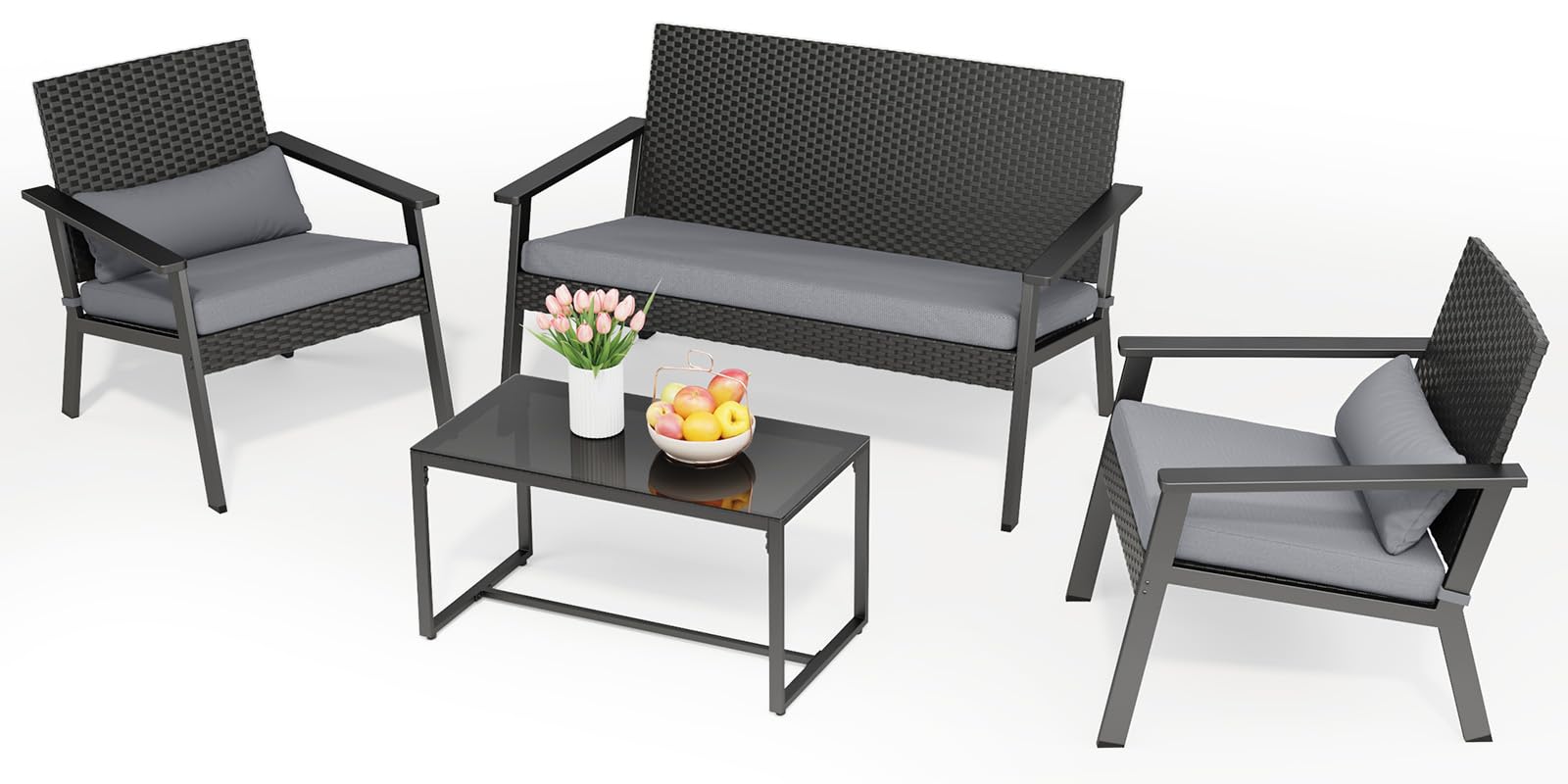 Ahomly Patio Furniture Set,4 Pieces Outdoor Patio Furniture with Deep Seating Cushion,Wicker Patio Conversation Set Balcony Furniture with Table for Backyard,Porch,Gray