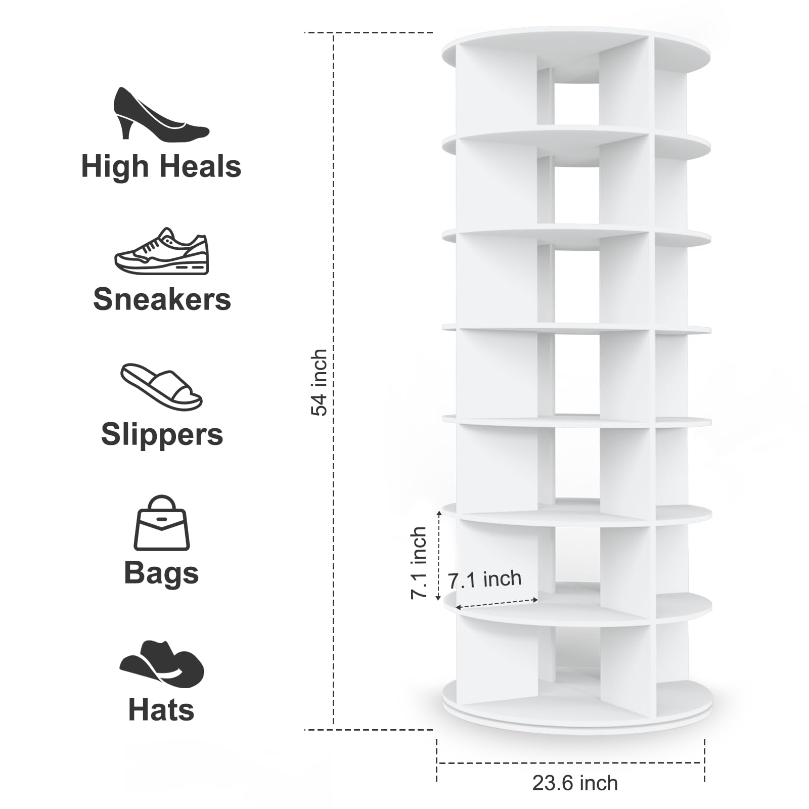 Hestiasko Rotating Shoe Rack Tower, 7 Tier Spinning Shoe Rack Tower, Center Hollow Rotating Shoe Rack Tower 360°, Easy to Assemble, Round Shoe Rack for Entryway Living Room Hallway - White