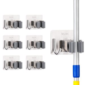 peutier 6 pcs broom holders, wall mount broom holder organizer heavy duty broom holder stainless steel broom holder for kitchen bathroom laundry room garage