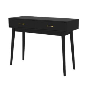 FUNKOCO Black Small Writing Desk with Drawers, 40 Inch Writing Desk for Home Office, Vanity Desk with Solid Wood Leg for Small Spaces