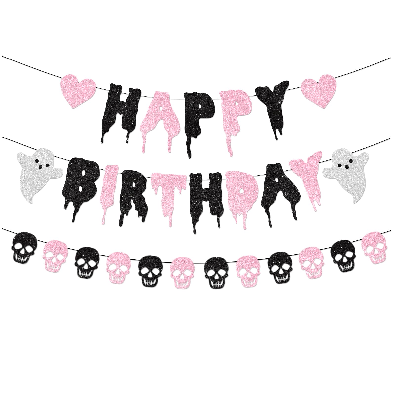 Black Glitter Halloween Birthday Banner Black and Pink Heart Skull Garland Halloween Happy Birthday Decorations for Halloween Birthday Party Decorations Theme Baby Shower Supplies