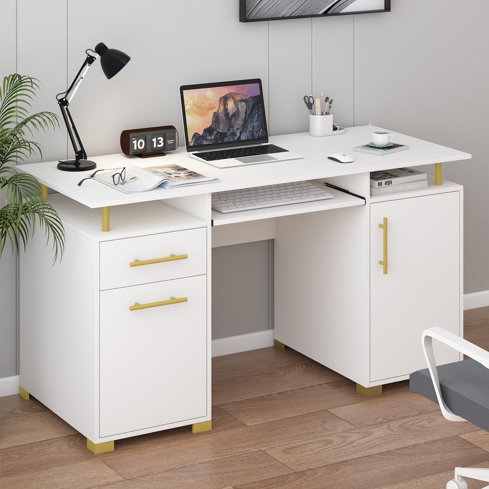 4 EVER WINNER White Desk with Storage, 55 Inch White and Gold Desk with Keyboard Tray, Wood Writing Study Table Home Office Desk with File Drawer, Storage Cabinet, Golden Handles, White