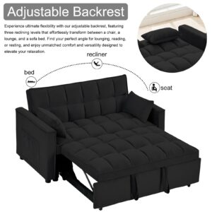 Wakefit 3 in 1 Convertible Sleeper Futon Sofa Bed with 2 Toss Pillows, 55 Inch Velvet Small Loveseat Lounge Couch with Reclining Backrest & Side Pockets for Living Room, Pull-Out Couch, Classic Black