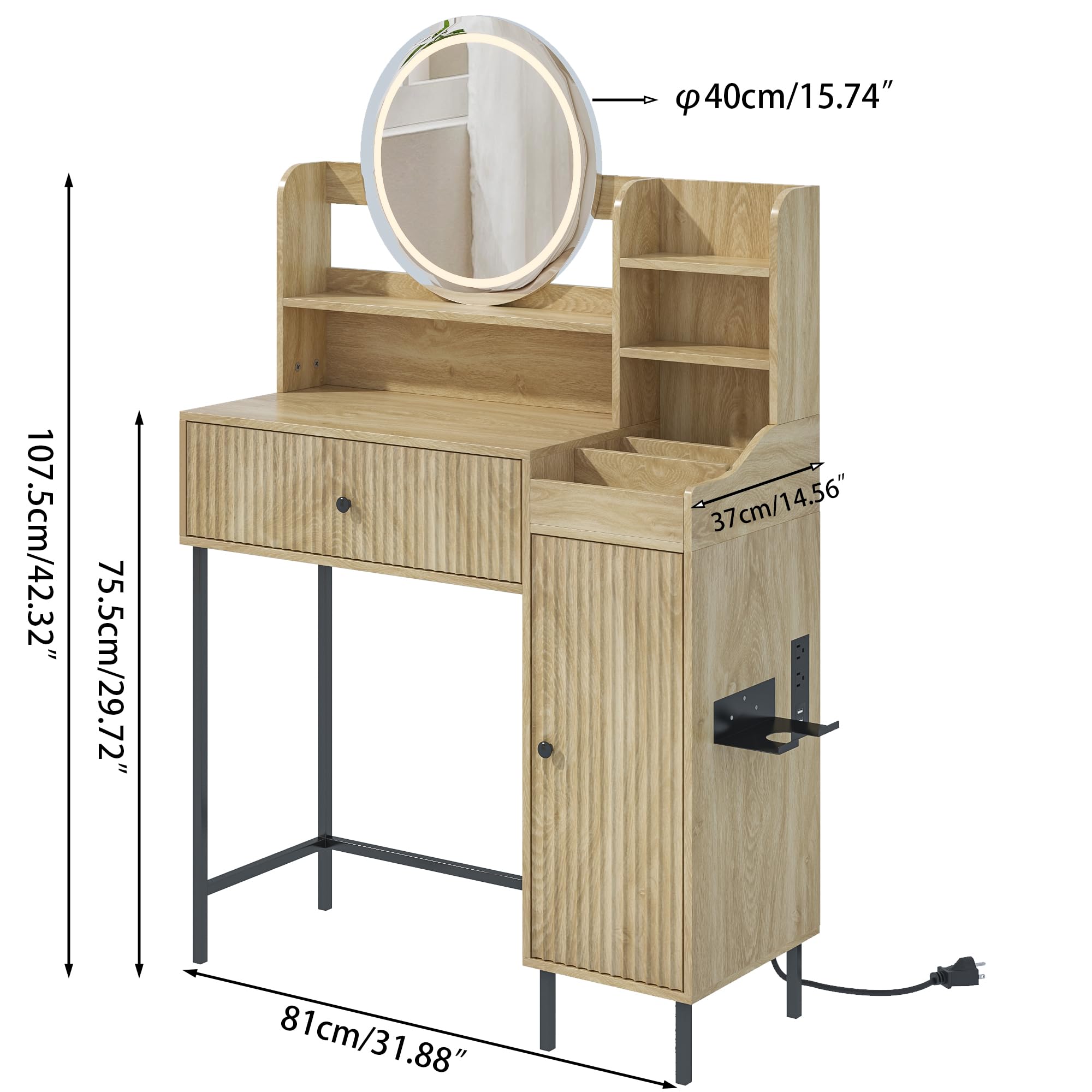 Jluomei Fluted Makeup Vanity Desk with Mirror and Lights Modern Makeup Vanity with Drawer Storage LED Makeup Table with Power Outlet Small Boho Vanity Desk for Bedroom Dressing Room, Natural