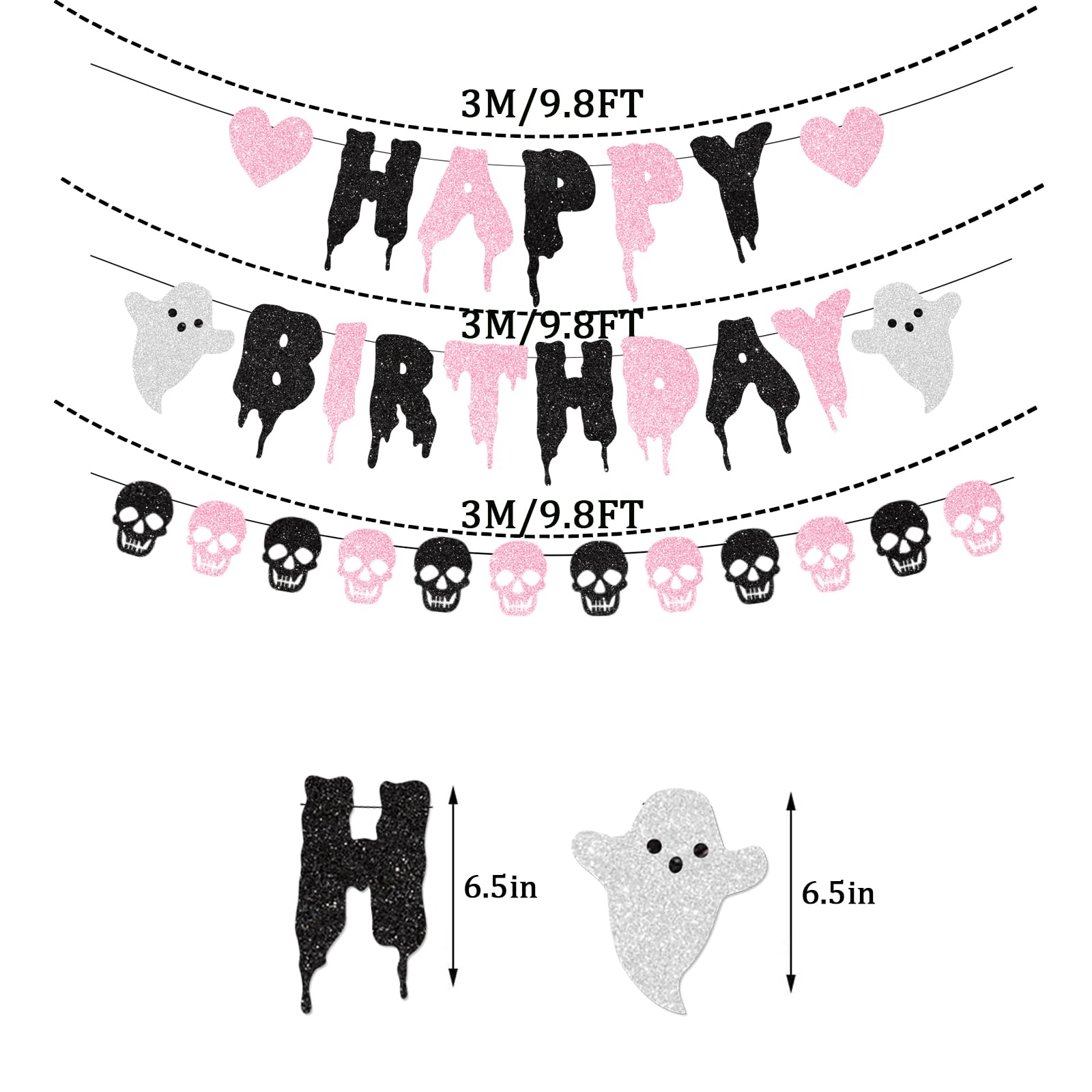 Black Glitter Halloween Birthday Banner Black and Pink Heart Skull Garland Halloween Happy Birthday Decorations for Halloween Birthday Party Decorations Theme Baby Shower Supplies